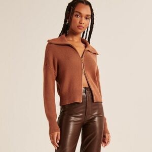 ABERCROMBIE & FITCH | LARGE BROWN DOUBLE ZIP RIBBED KNIT CARDIGAN